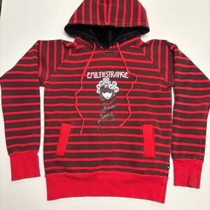 Y2K Emily the Strange Red & Black Striped Faux Fur Lined Hoodie, women’s Small